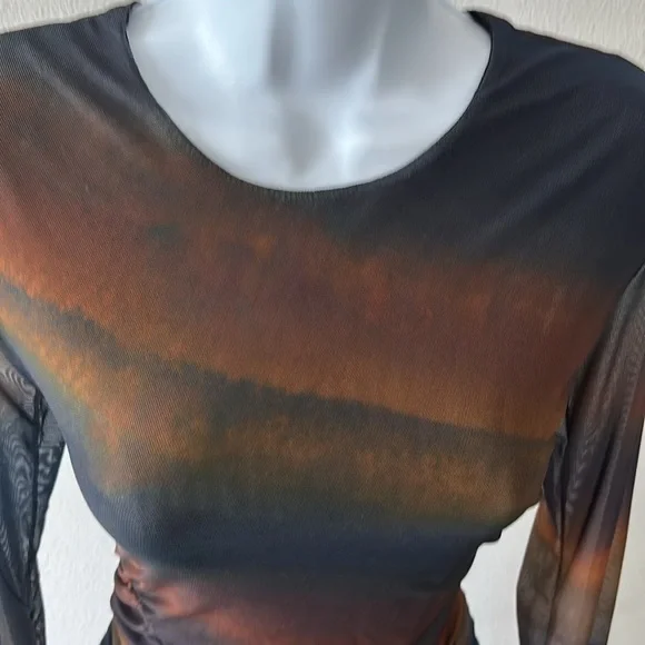 BodyCon Dress L Ruched Ombre Sunset Sheer Sleeves Y2K Dark Fairy Ethereal Grunge - Picture 14 of 15